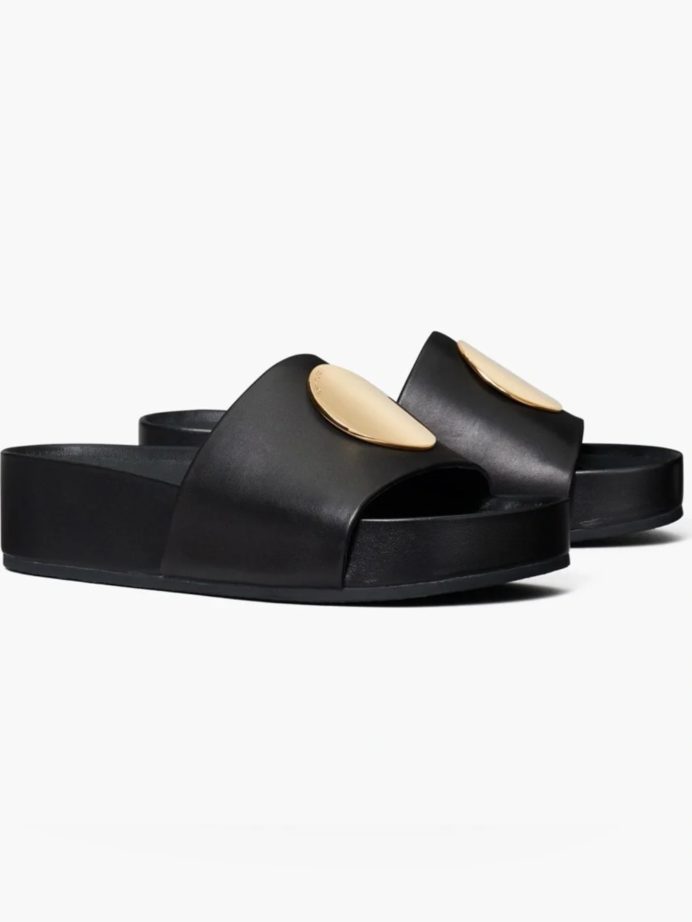 Tory Burch Black Leather Platform Slide with Gold Medallion 7.5M